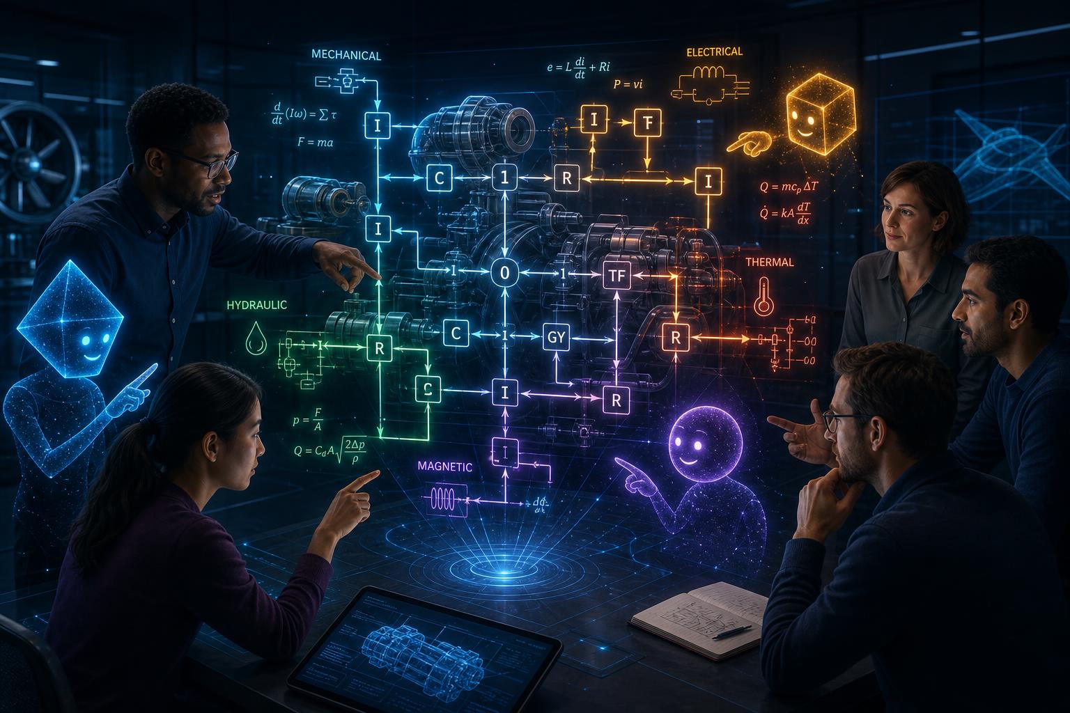 Engineers and AI agents collaborating around a holographic multi-physics bond graph model